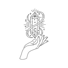 Minimalist line art of an elegant female hand with a magical floating healing crystal. Mystical symbol with sparkles for spiritual concepts, witchcraft, and tattoo design.

