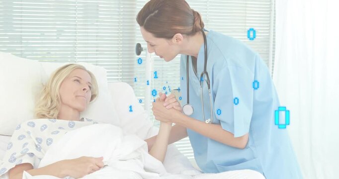 Nurse in scrubs entering healthcare ward grasping patient hand and offering comfort with heart icon