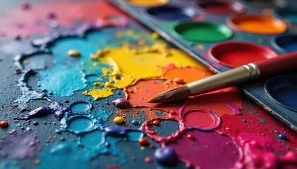 Obraz premium Vibrant Artists Palette with Oil Paints and Brushes A Creative Workspace Ready for Inspiration