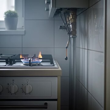 Gas stove burner with blue flames flickering, gas pipes and boiler in apartment kitchen, gasification footage.