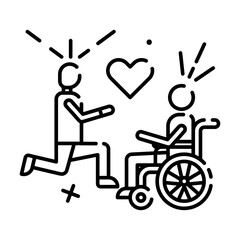 Two People Connect with a Heart Symbol Showing Love and Support One Person Kneels and Offers Help to Another in a Wheelchair with a Transparent Background and Outline Style