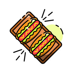 Two Pixel Art Hot Dogs on a Wooden Board with Mustard and Ketchup and a Yellow Circle Background on a Transparent Background