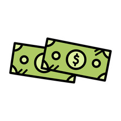 Two Light Green Paper Bills with Black Outlines and Yellow Corners Depicting a Dollar Sign on a Transparent Background