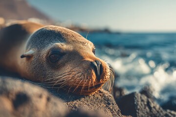 Fototapeta premium Sea lion resting on a warm rock by the ocean