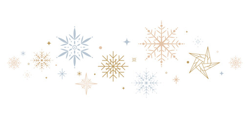 Christmas Border with delicate golden and blue snowflakes and stars