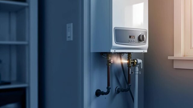 Gas water heater in a home with focus on ignition process from initial state to gas flame heating water, technology footage.