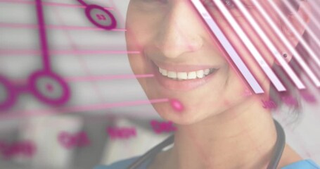 View focusing on stethoscope with code shifting revealing smiling doctor with charts analyzing data - Powered by Adobe