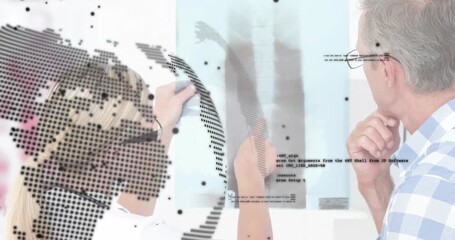 Globe overlay fading in obscuring medical doctor analyzing X-ray bones while patient pointing scan - Powered by Adobe