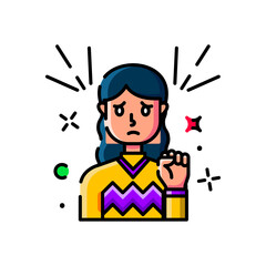 Pixel Art Representation of a Distressed Young Woman With Dark Hair and Yellow Sweater Showing Frustration Against White Background