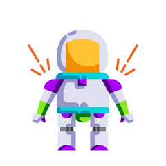 Pixel Art Robot Character with Yellow Visor and Purple Accents Standing Against White Background with Orange Sparkles