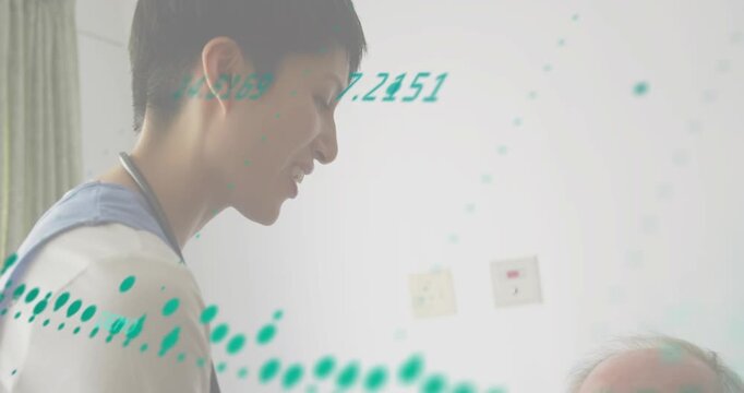 Nurse entering hospital room and tracking vital signs using green medical graph drifting