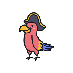 Pixel Art Pink Parrot Wearing A Pirate Hat With Yellow Beak And Blue Tail Standing On White Background