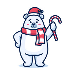 Pixel Art Polar Bear Wearing Santa Hat and Scarf Holding Candy Cane Festive Winter Holiday Illustration
