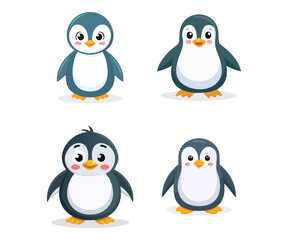 Obraz premium Collection of four adorable cartoon penguins with big eyes and orange beaks, standing in various cute poses.