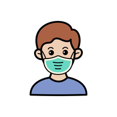 Pixel Art Portrait Of A Person Wearing A Light Blue Medical Face Mask With Brown Hair And A Blue Shirt Isolated On A White Background Flat Doodle Style