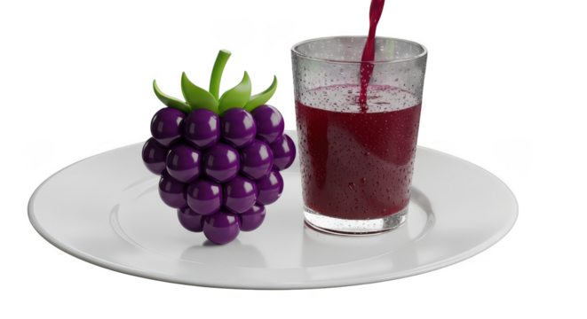 Purple grapes and juice on white plate studio isolated illuustration on transparent background - Powered by Adobe