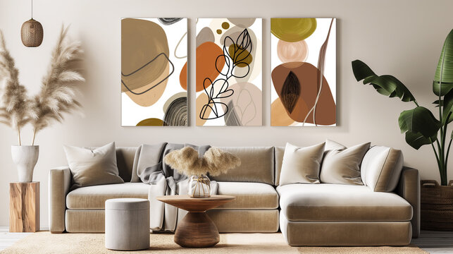 Triptico de Arte Abstrata com Tons Terrosos sobre Sof&aacute; Moderno