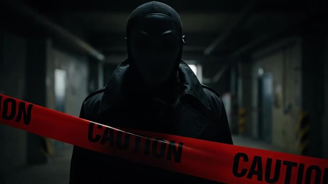 A mysterious figure stands behind caution tape in a dark setting.