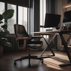 Fototapeta premium Remote work home office with ergonomic chair soft daylight photorealis