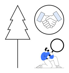Minimalist illustration with tree, handshake, and person analyzing with magnifying glass. Ideal for teamwork, research, environmental care, collaboration, investigation, partnerships sustainability