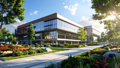 Modern Office Building with Lush Landscaping on a Sunny Day, Contemporary Commercial Architecture Surrounded by Vibrant Gardens