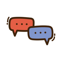 Two Speech Bubbles Red and Blue Overlapping with Dots Inside and Dashed Outline Against Transparent Background Doodle Art Style