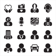 Black Filled Icon Set Silhouette on White Background