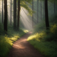 Obraz premium Forest trail with diffused light beams subtle haze photorealistic