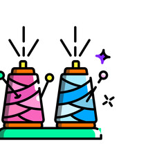Two spools of thread pink and blue with sewing pins and sparkles on a green base on a transparent background pixel art style