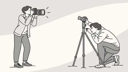 Illustration of two photographers one holding a camera and the other adjusting a camera on a tripod.