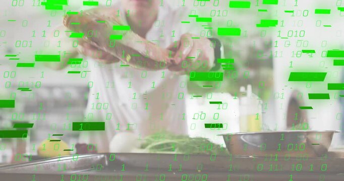 Chef chopping greens as assistant zesting lemon slicing veg seasoning meat placing tray for cooking