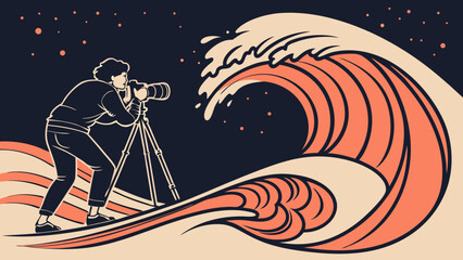 Photographer capturing a large wave with a camera on a tripod stylized illustration.