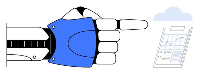 Naklejka na ściany i meble Robotic hand in blue highlights analysis by pointing at a data chart stored on the cloud. Ideal for technology, AI, automation, innovation, analytics, digital transformation, simple flat metaphor Naklejka na ściany i meble Robotic hand in blue highlights analysis by pointing at a data chart stored on the cloud. Ideal for technology, AI, automation, innovation, analytics, digital transformation, simple flat metaphor