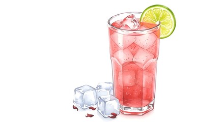 Watercolor illustration showcasing a refreshing beverage with ice and lime garnish.