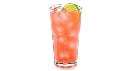 A tall glass of vibrant pink beverage filled with ice and garnished with lime slice.