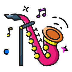 Vibrant Pink Saxophone Illustration with Musical Notes and Sparkles on Transparent Background