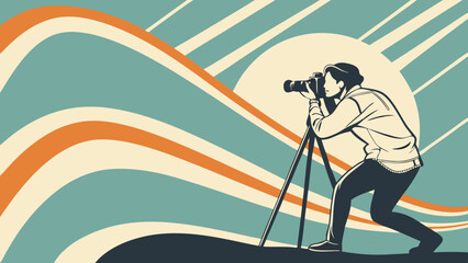 Photographer using tripod retro style illustration vintage camera abstract background.