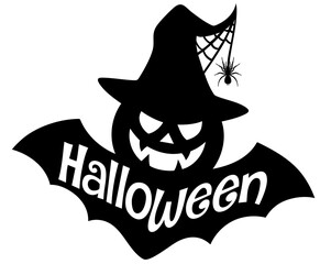 Halloween text with jack-o’-lantern face, witch hat, spider and bat wings