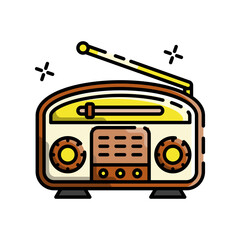 Vintage cream and brown radio with yellow accents emitting sparkling retro broadcast waves on a transparent background