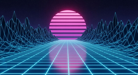 Retro futuristic landscape with glowing grid and sunset evokes 80s nostalgia and synthwave vibes, perfect for music visuals or digital art projects
