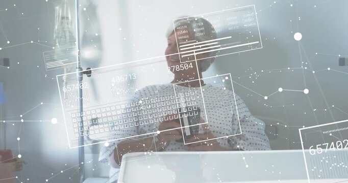 Senior patient tapping phone while monitoring data overlays as hospital provider delivering tray
