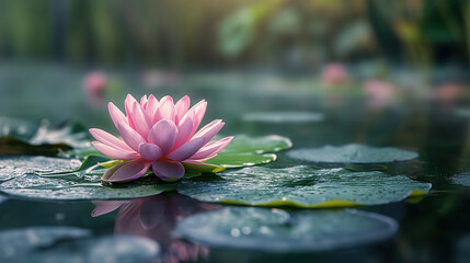Dreamy Background Featuring a Pink Lotus Flower and Green Leaf