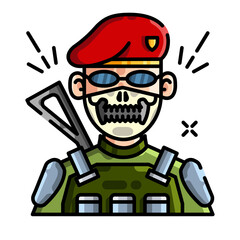 Pixel Art Soldier Wearing Red Beret and Skull Mask Holding Rifle Against Transparent Background