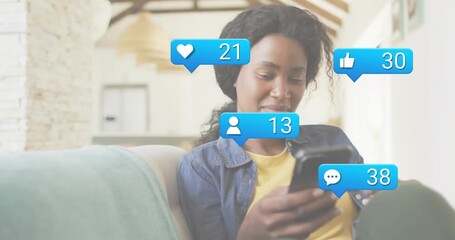 Woman tapping smartphone and monitoring rising social notification bubbles for engagement growth - Powered by Adobe