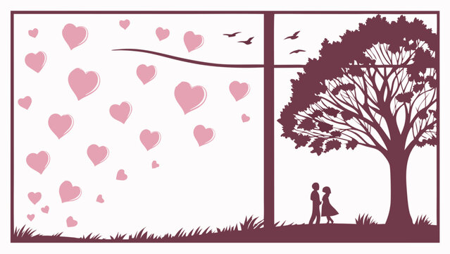 Romantic Couple Silhouette with Hearts and Tree Illustration Valentines Day Design Love Concept Digital Art Vector Graphic Wedding Theme Anniversary Card Romantic Background Couple in Lov.