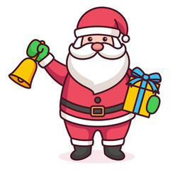 Pixel Art Santa Claus Ringing A Bell And Holding A Gift Box Wearing Red Suit And Hat With White Beard For Christmas Celebration