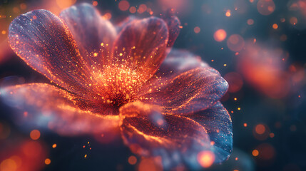 Colorful abstract flower composed of particles opening up