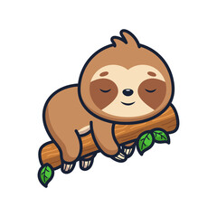 Pixel Art Sloth Resting on Tree Branch with Green Leaves Transparent Background Cute Adorable Cartoon Animal Illustration