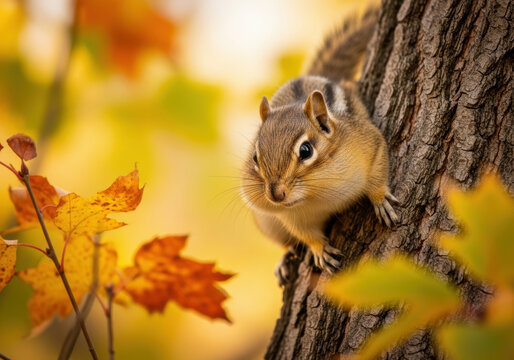 Curious chipmunk perches on tree trunk surrounded by vibrant golden autumn leaves in sunlit forest alert small animal observes environment on bright fall day