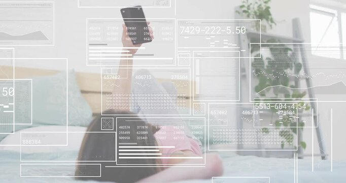 woman lifting smartphone and tapping screen for exploring tech panels intensifying around phone